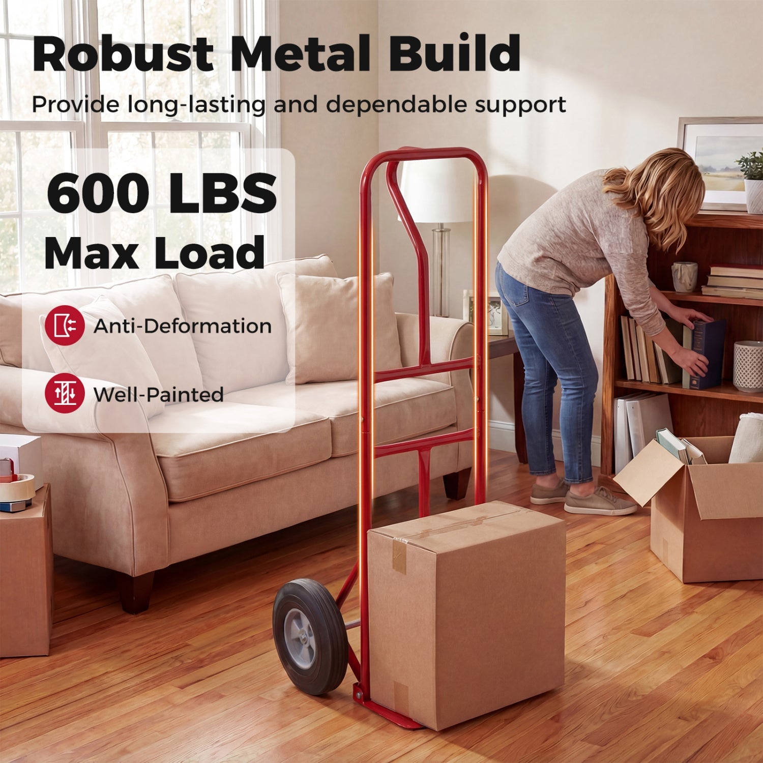 Metal Hand Truck Heavy-Duty 600 LBS Moving Dolly Cart with P-Handle and 10inch Rubber Wheels