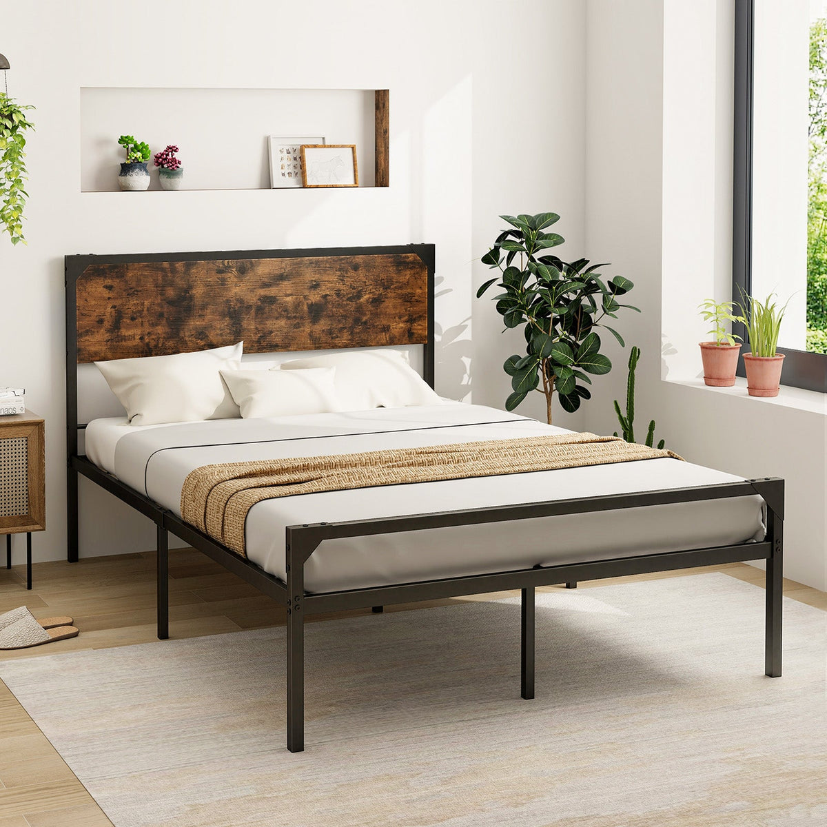 Platform Full/Queen Bed with Rustic Headboard and Footboard-Full Size