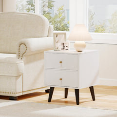 Mid Century Modern Bedside Table Nightstand with Golden Knobs and Raised Support Legs-White