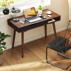 Mid-Century Modern Computer Desk with Drawer and Open Compartment-Brown