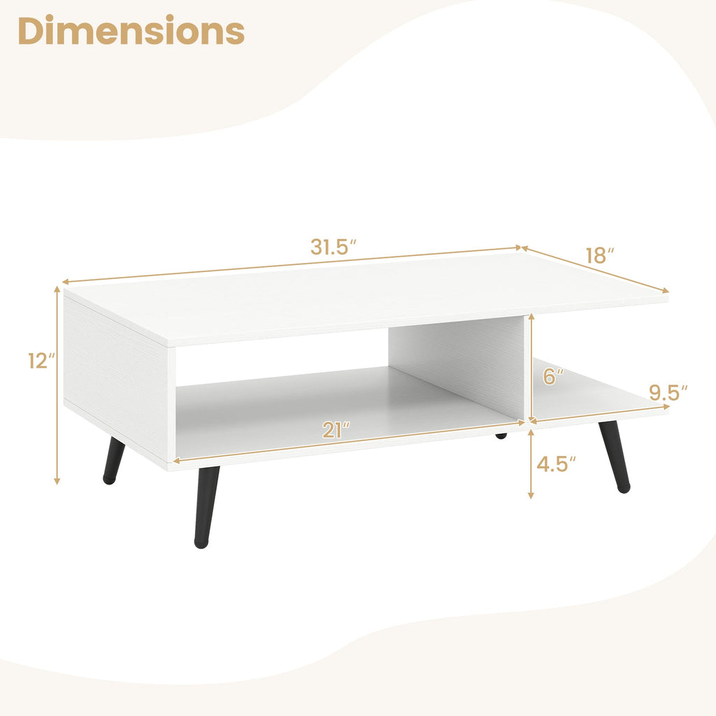 Mid Century Modern Rectangle Coffee Table 2-Tier Accent Table with 2 Open Compartments-White
