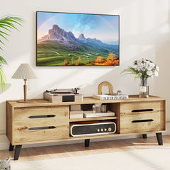 Mid Century Modern TV Stand with Sliding Doors and Cable Hole for 65 Inch TVs-Natural