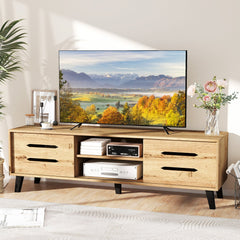 Mid Century Modern TV Stand with Sliding Doors and Cable Hole for 65 Inch TVs-Natural