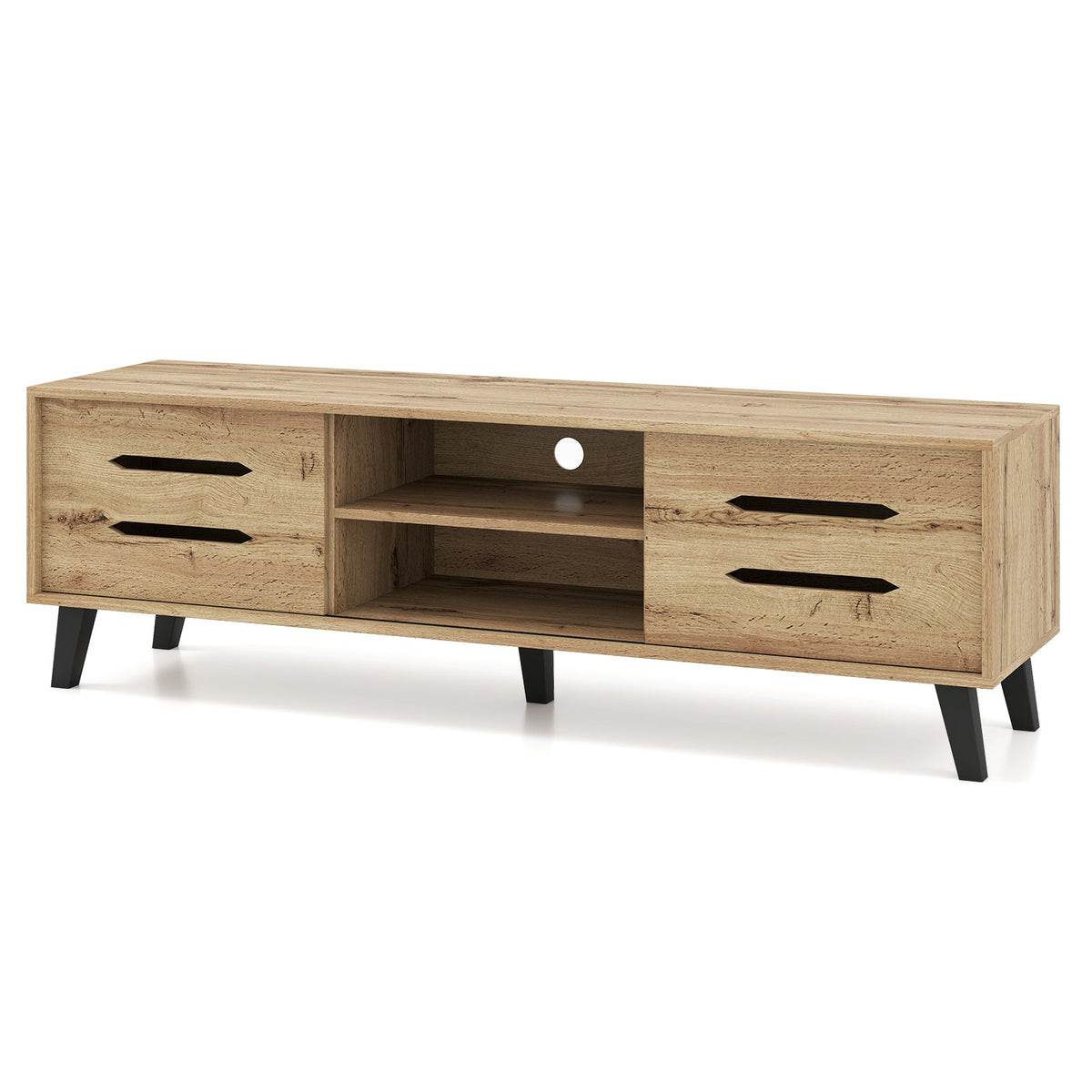 Mid Century Modern TV Stand with Sliding Doors and Cable Hole for 65 Inch TVs-Natural