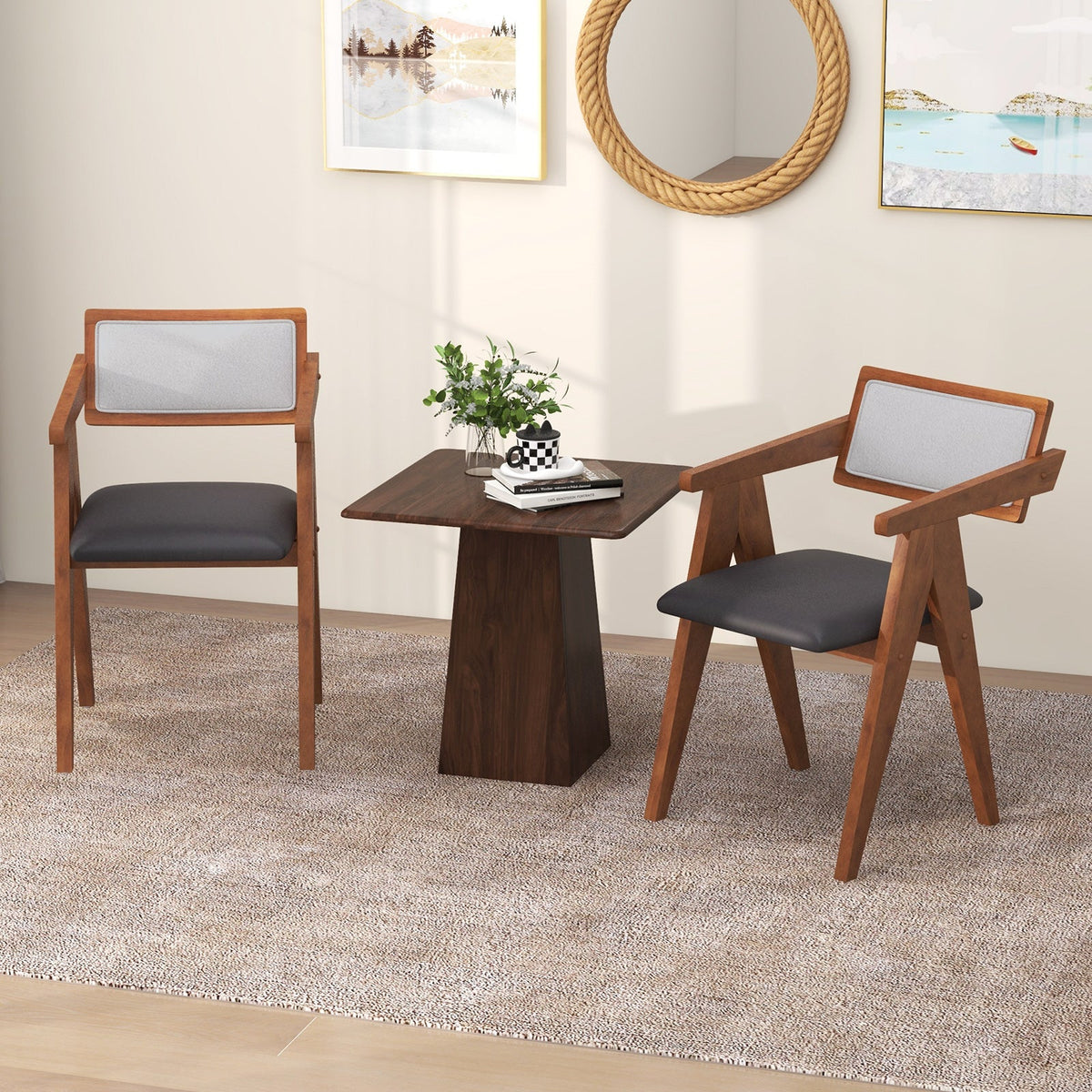 Mid Century Wooden Accent Chairs with Leathaire Seat Cushions Set of 2-Walnut