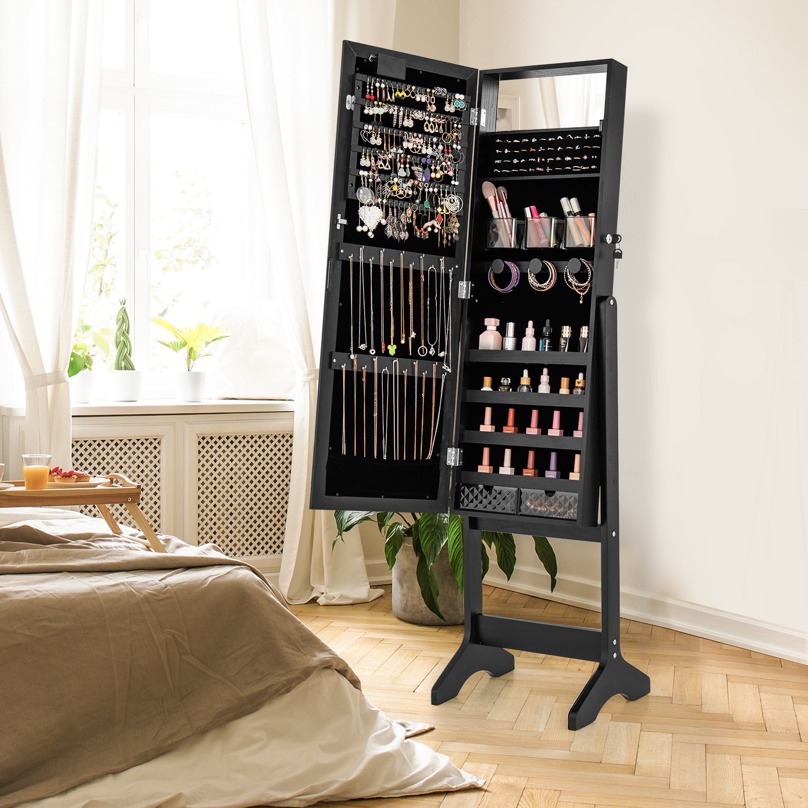 Mirror Jewelry Cabinet with 20 Warm Lights and 4 Tilt Angles-Black