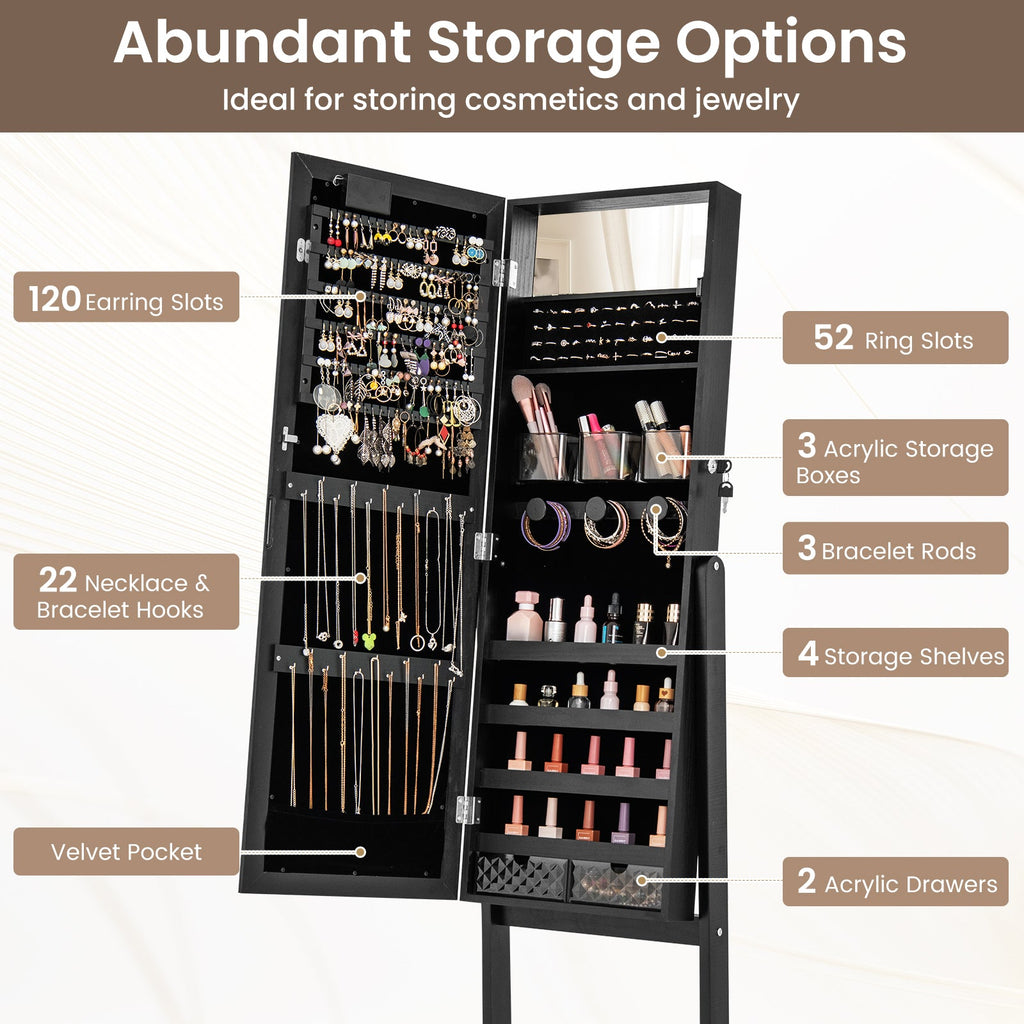 Mirror Jewelry Cabinet with 20 Warm Lights and 4 Tilt Angles-Black