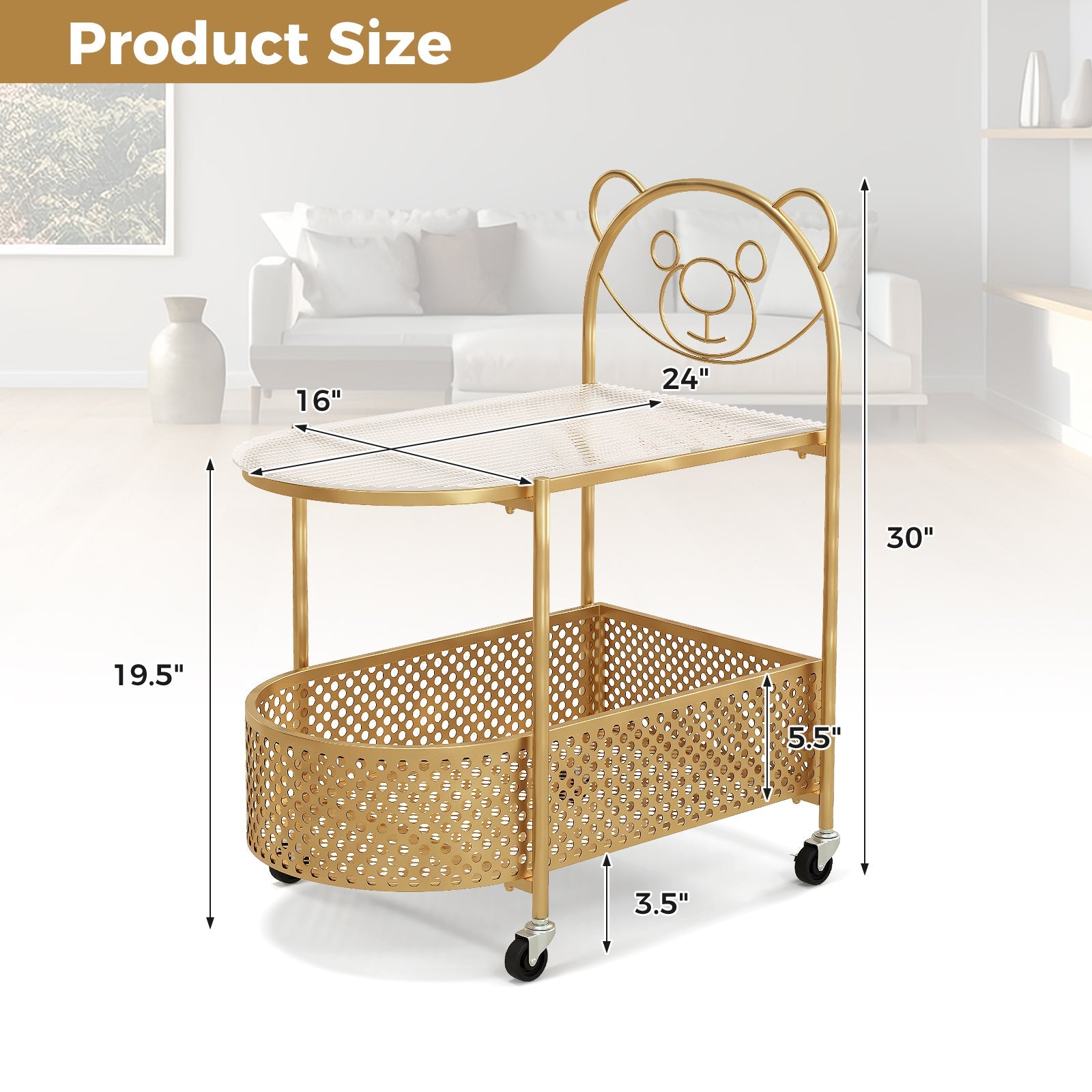 2-Tier Mobile Glass Coffee Table with Bear Pattern-Golden