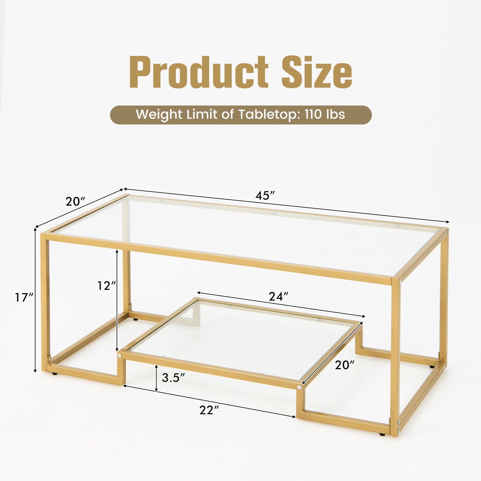 Modern 2-Tier Rectangular Coffee Table with Glass Table Top-Golden