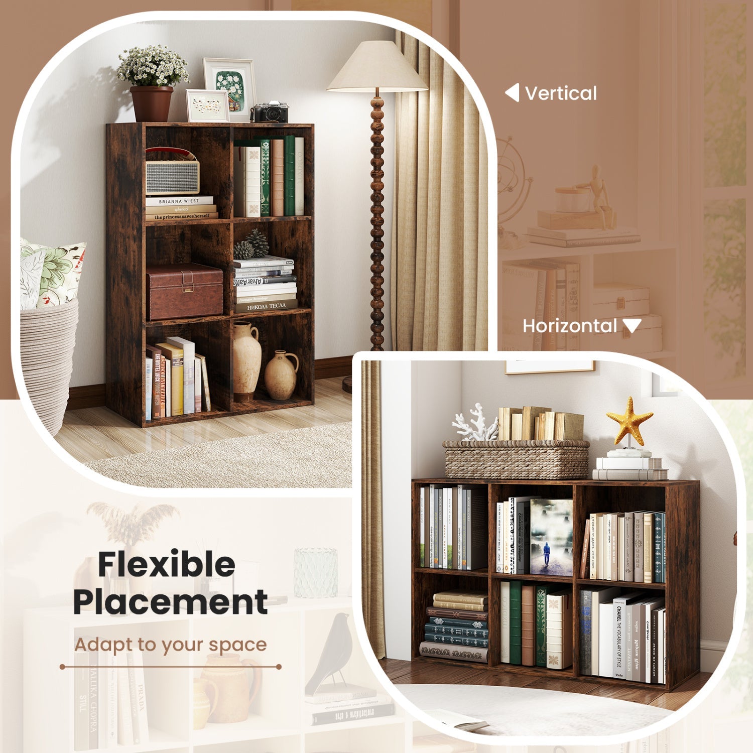6-Cube Bookcase with Anti-Tipping Kit - Rustic Brown