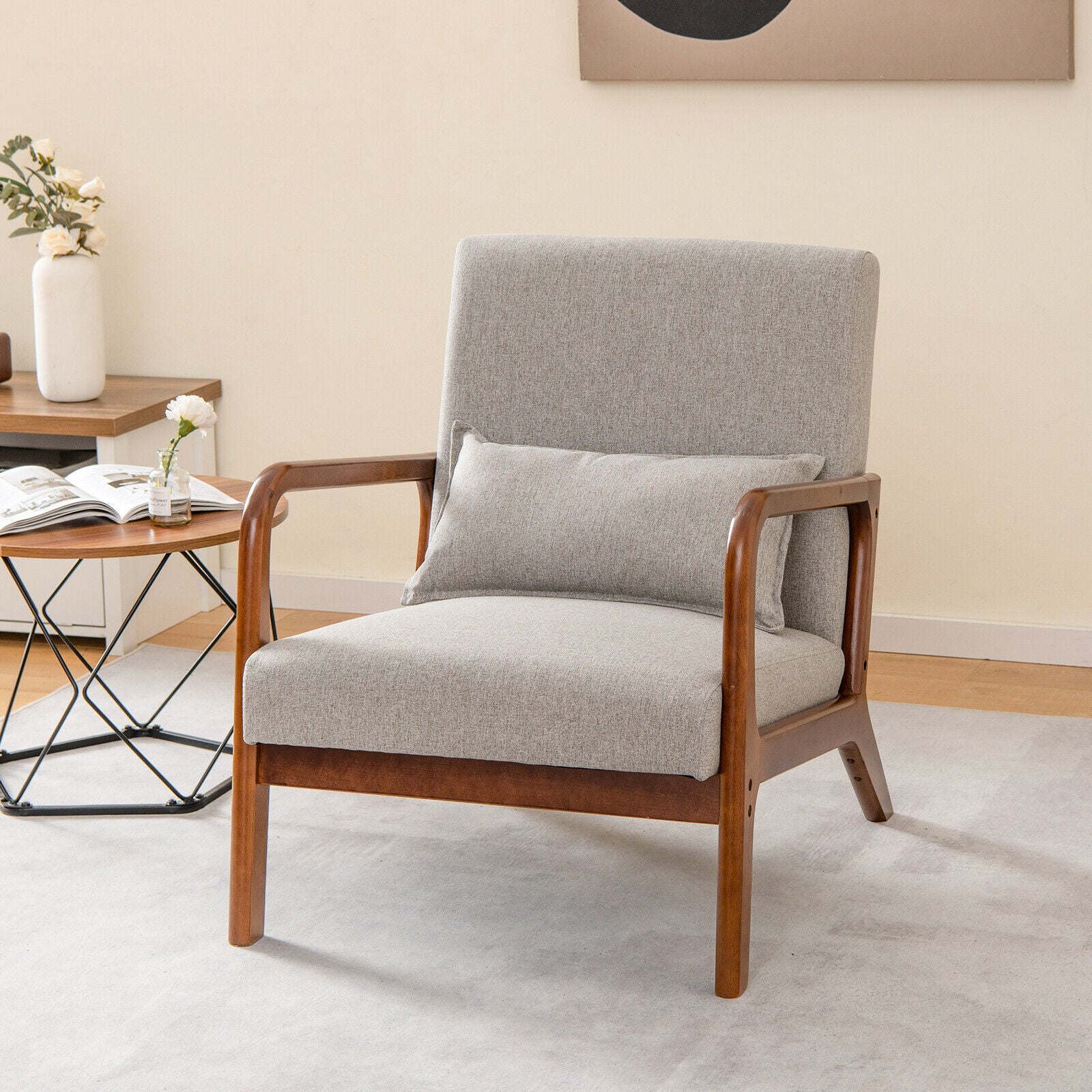 Modern Accent Chair with Rubber Wood Frame and Lumbar Pillow-Gray