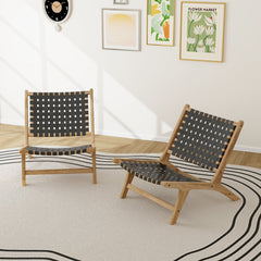 Modern Armless Teak Wood Lounge Chair with Nylon Woven Backrest and Seat