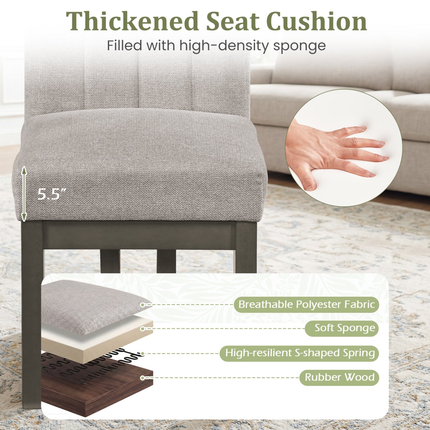 Modern Farmhouse Fabric Dining Chairs Set of 2 with 5.5" Thickened Padded Seat