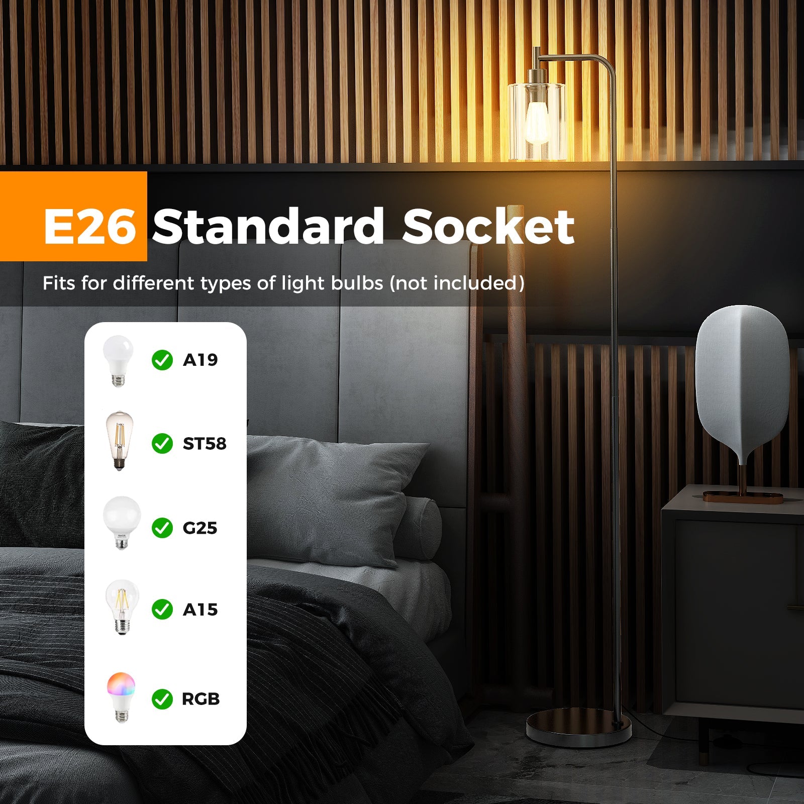 Modern Floor Lamp with Hanging Glass Lampshade and Foot Switch-Black