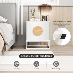Modern Mid Century Fluted Nightstand with 2 Drawers and Pine Wood Handles for Bedroom
