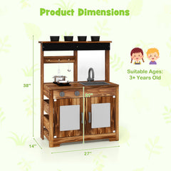 Mud Kitchen Fir Wood Play Kitchen with 4 Panting Pots Faucet Removable Sink-Natural
