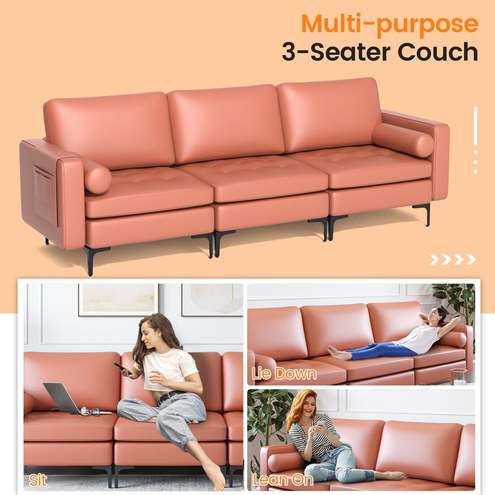 3-Seat Modular Sofa with Storage Pocket and Metal Legs