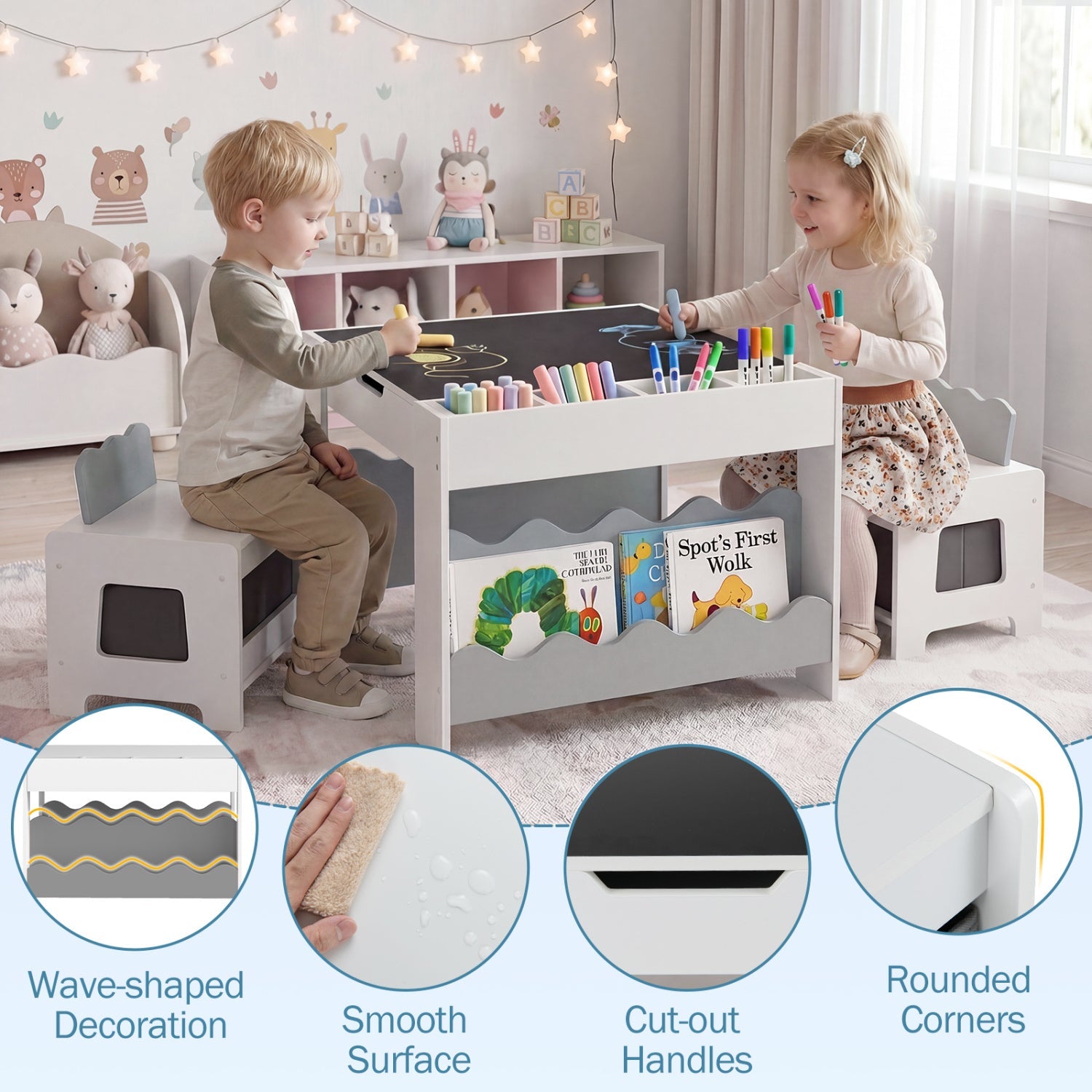 Multi-purpose Activity Kids Table and Chairs Set with Double-sided Tabletop
