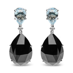 18K White Gold 1/5 Cttw Diamond with Pear Cut Sky Blue Topaz and Pear-Cut Black Onyx Gemstone Dangle Earring (G-H Color, SI1-SI2 Clarity)