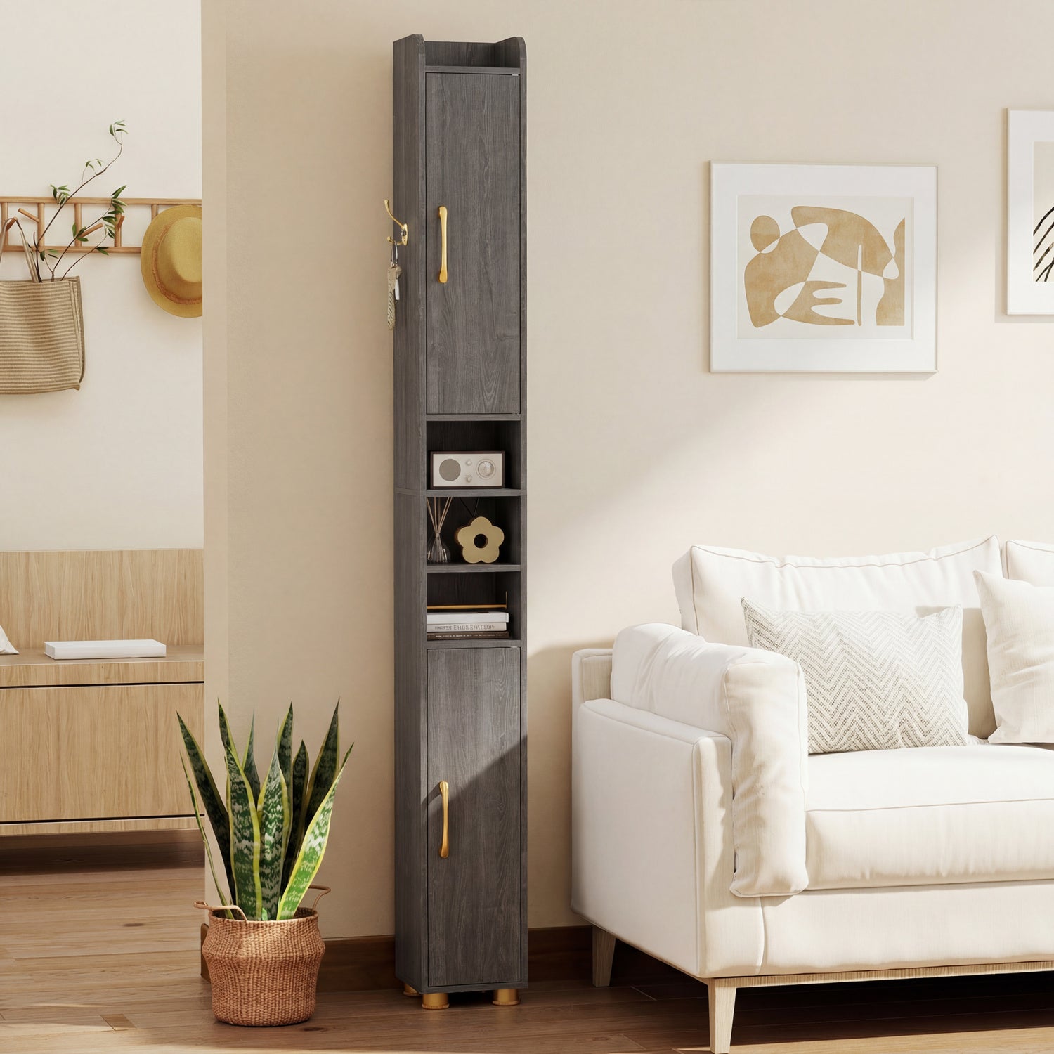 Narrow Bathroom Storage Cabinet with Shelves & Paper Holder