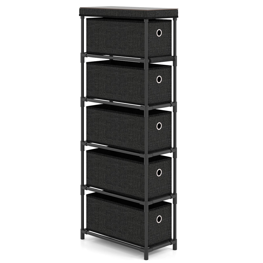 Narrow Dresser with 5 Drawers Slim Storage Tower with Metal Frame-Black
