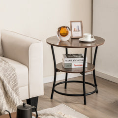 2-Tier Round End Table with Open Storage Shelf and Sturdy Metal Frame