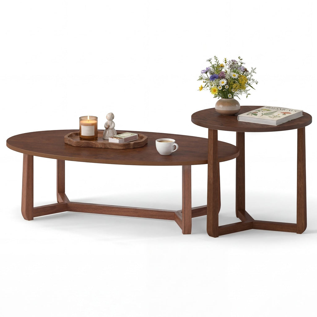 Nesting Coffee Table Set of 2 with Wood Veneered Top and Solid Rubber Wood Legs