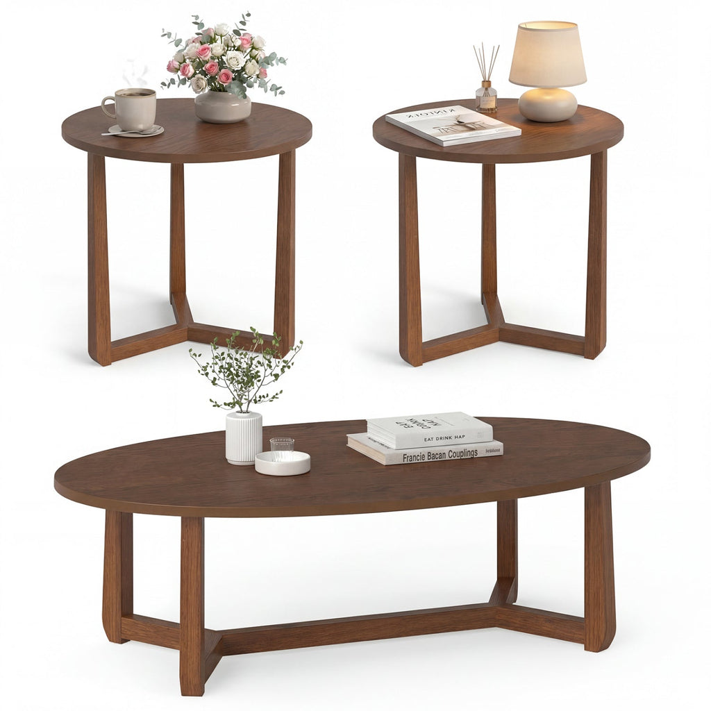 Nesting Coffee Table Set of 3 with Wood Veneered Top and Solid Rubber Wood Legs for Living Room