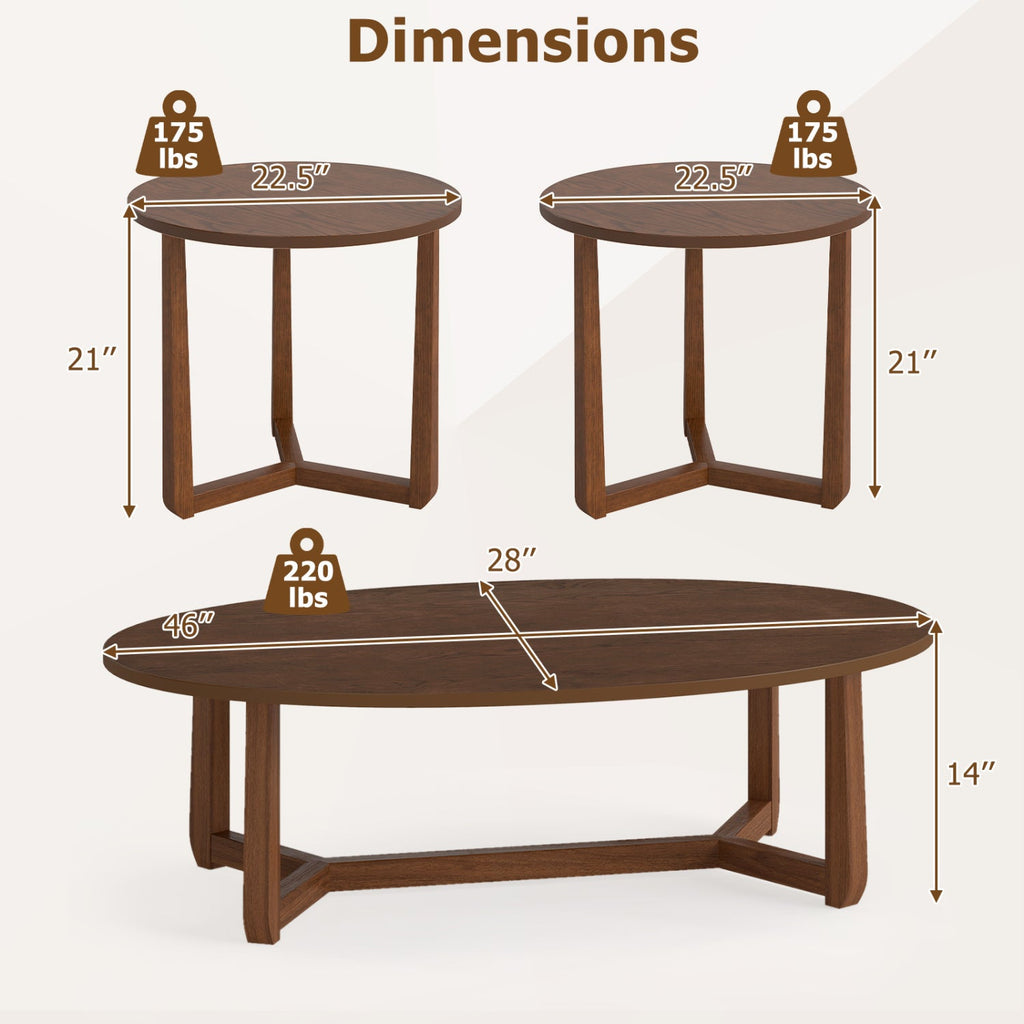 Nesting Coffee Table Set of 3 with Wood Veneered Top and Solid Rubber Wood Legs for Living Room