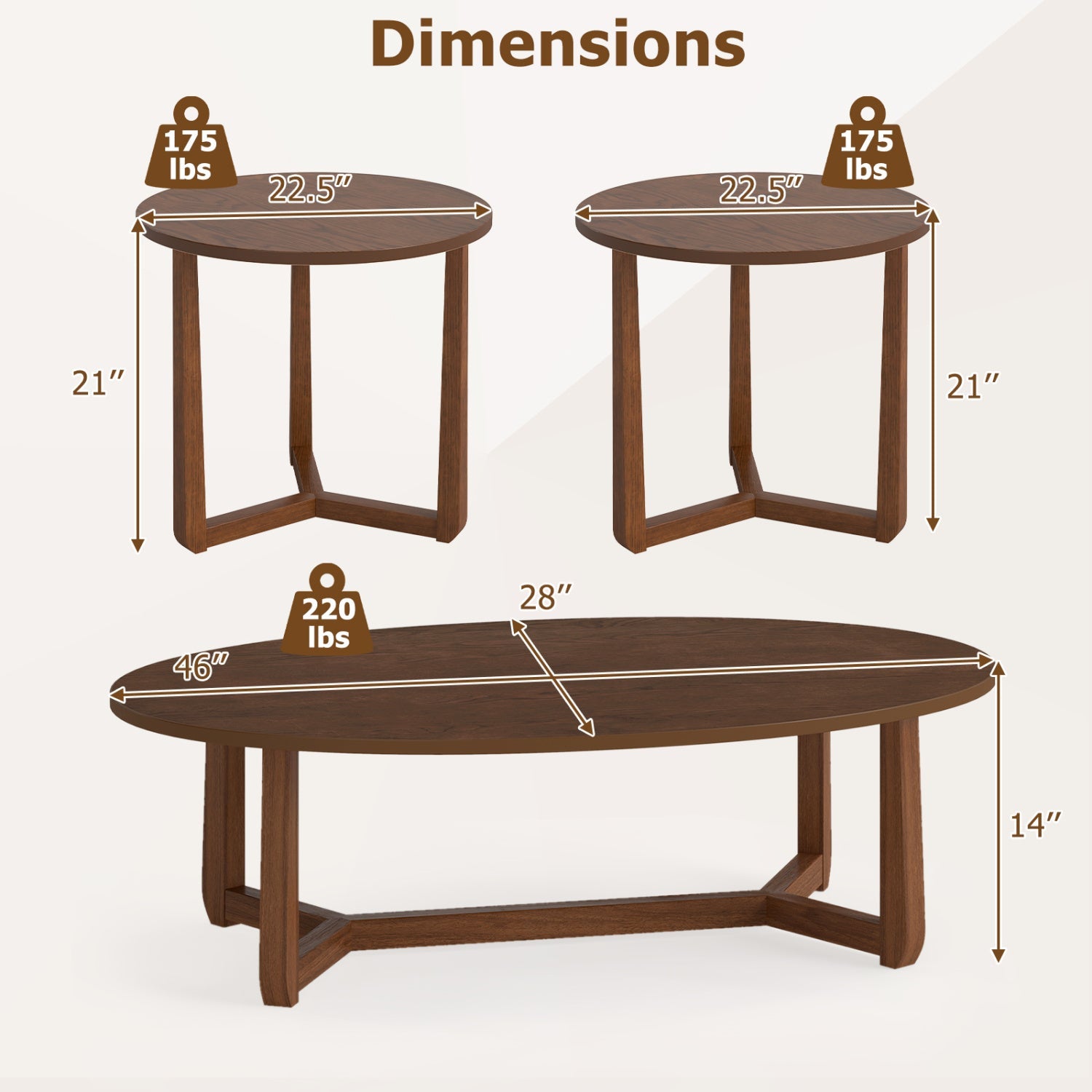Nesting Coffee Table Set of 3 with Wood Veneered Top and Solid Rubber Wood Legs for Living Room