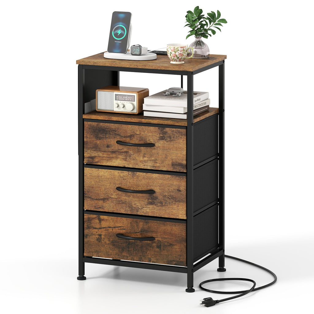 Nightstand with Charging Station 27.5 inch Modern Bedside Table with 3 Fabric Drawers