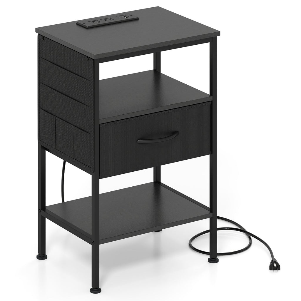 Nightstand with Charging Station and Fabric Drawer 24.5"