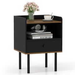 Nightstand with Drawer 3-Tier Sofa Side Table with Open Storage Shelf-Black