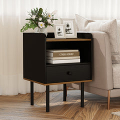 Nightstand with Drawer 3-Tier Sofa Side Table with Open Storage Shelf-Black