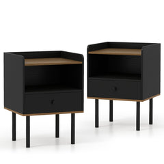 Nightstand with Drawer 3-Tier Sofa Side Table with Open Storage Shelf Set of 2-Black