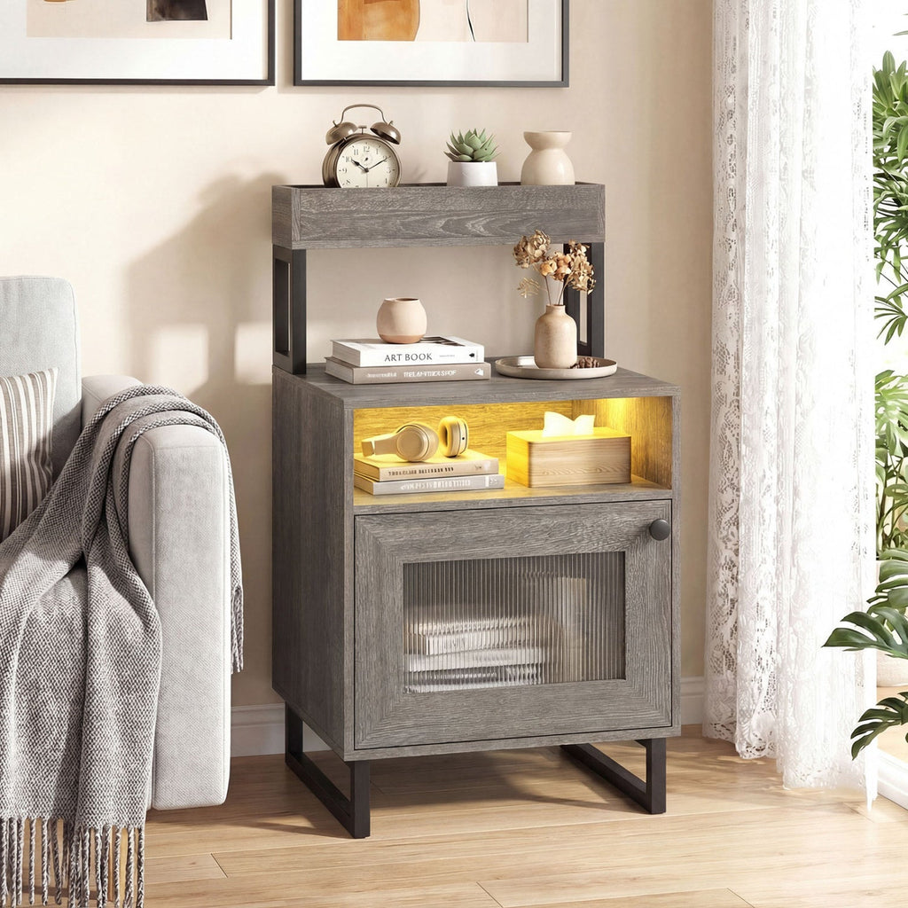 Nightstand with LED Lights Modern End Table with Top Tray Open Compartment and Storage Cabinet