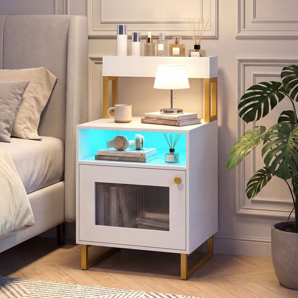 Nightstand with LED Lights Modern End Table with Top Tray Open Compartment and Storage Cabinet