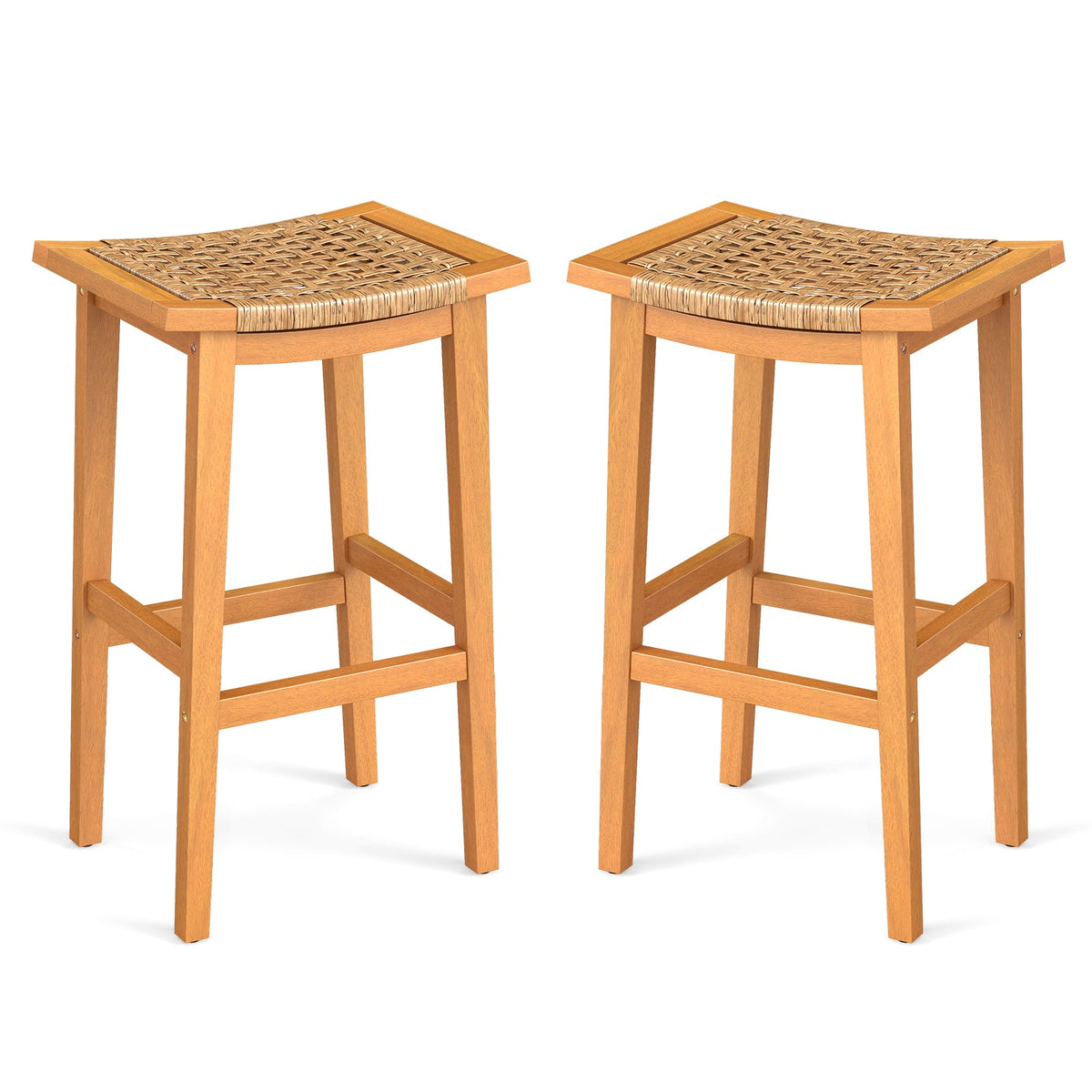 Outdoor Acacia Wood Bar Stools Set of 2 with PE Rattan Seats and Backrests