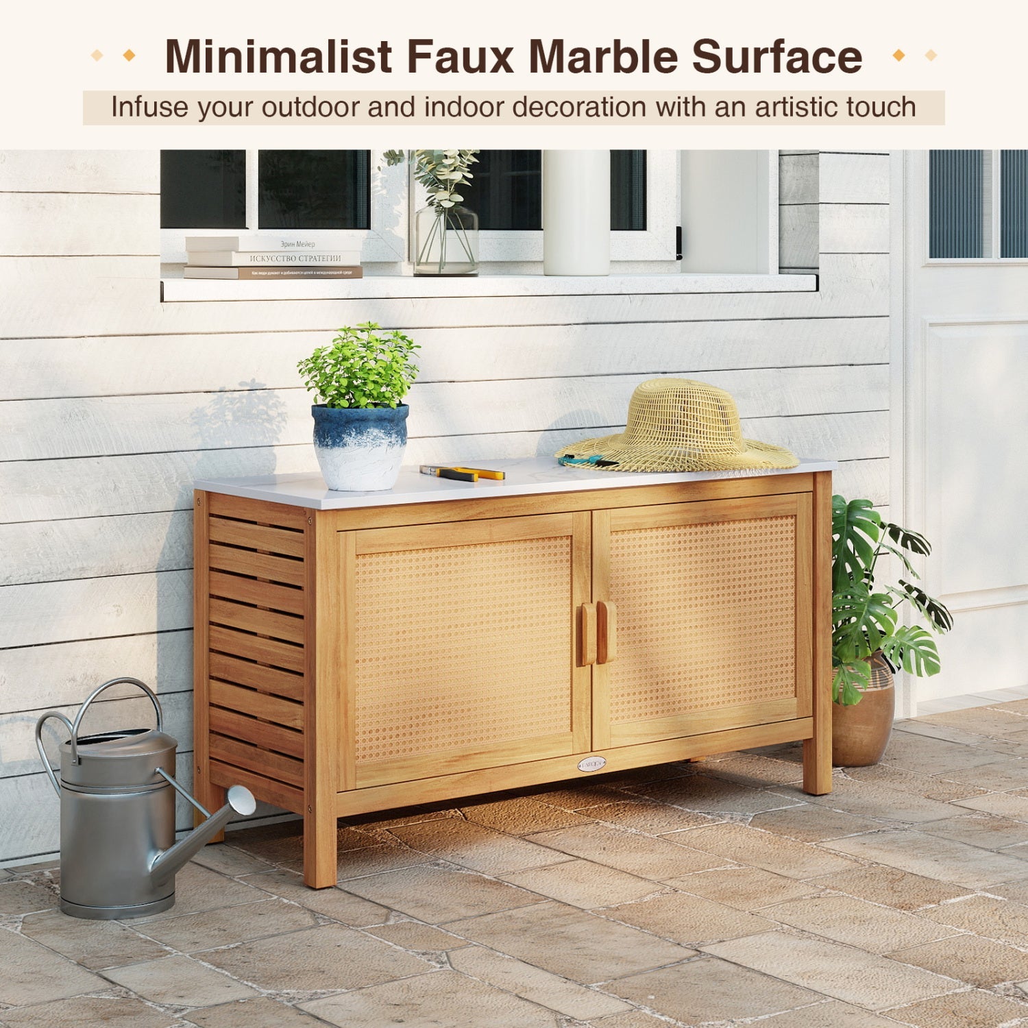 Outdoor Acacia Wood Storage Cabinet Outside Tool Cabinet with Fax Marble Top