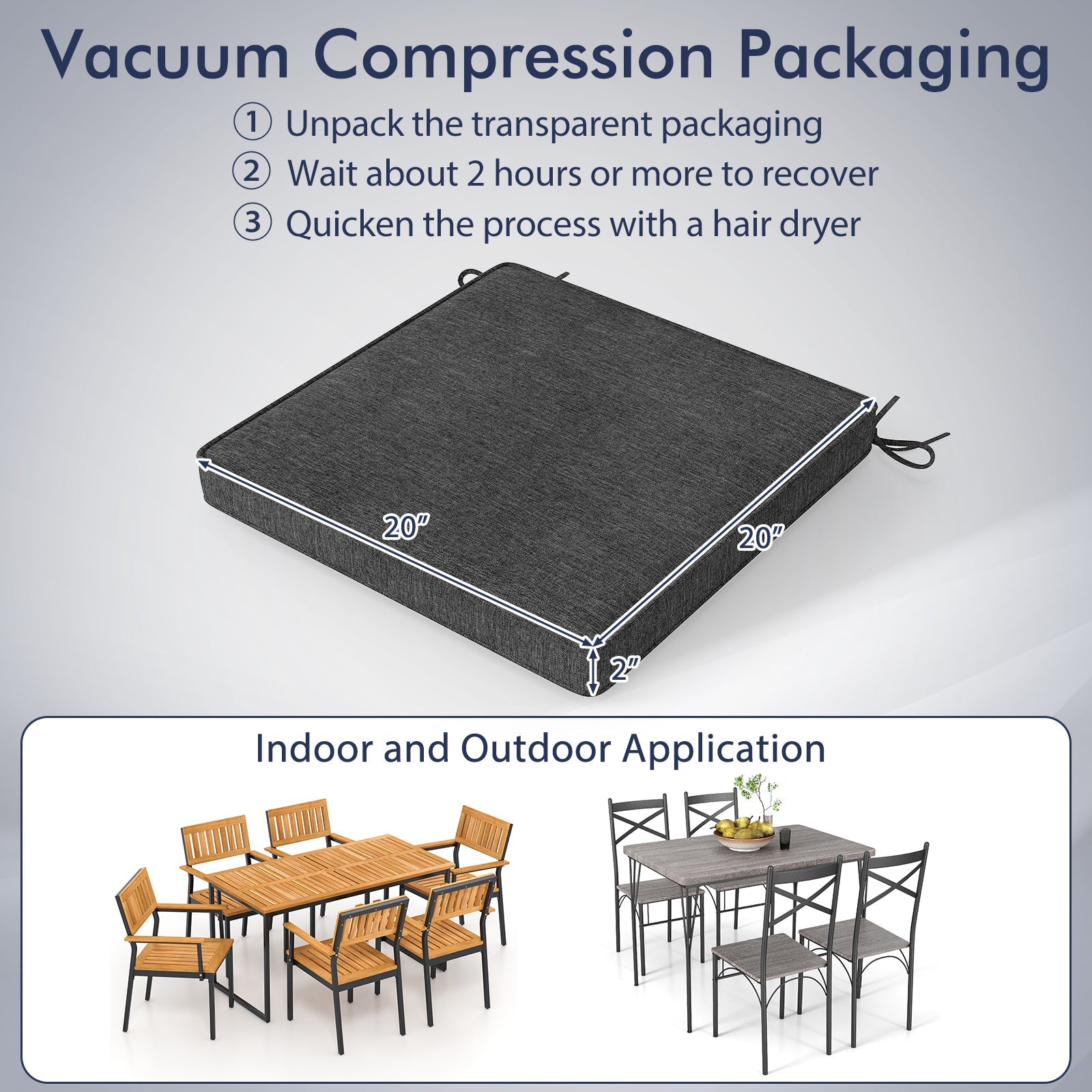 Outdoor Chair Cushion Set of 2 Waterproof Fade-Resistant Olefin Seat Cushions-Gray