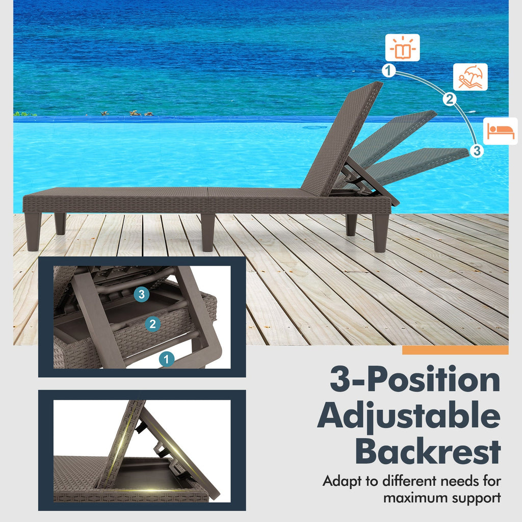 Outdoor Chaise Lounger Chair with Waterproof Rattan Textured PP Surface and 330 lbs Capacity-Brown