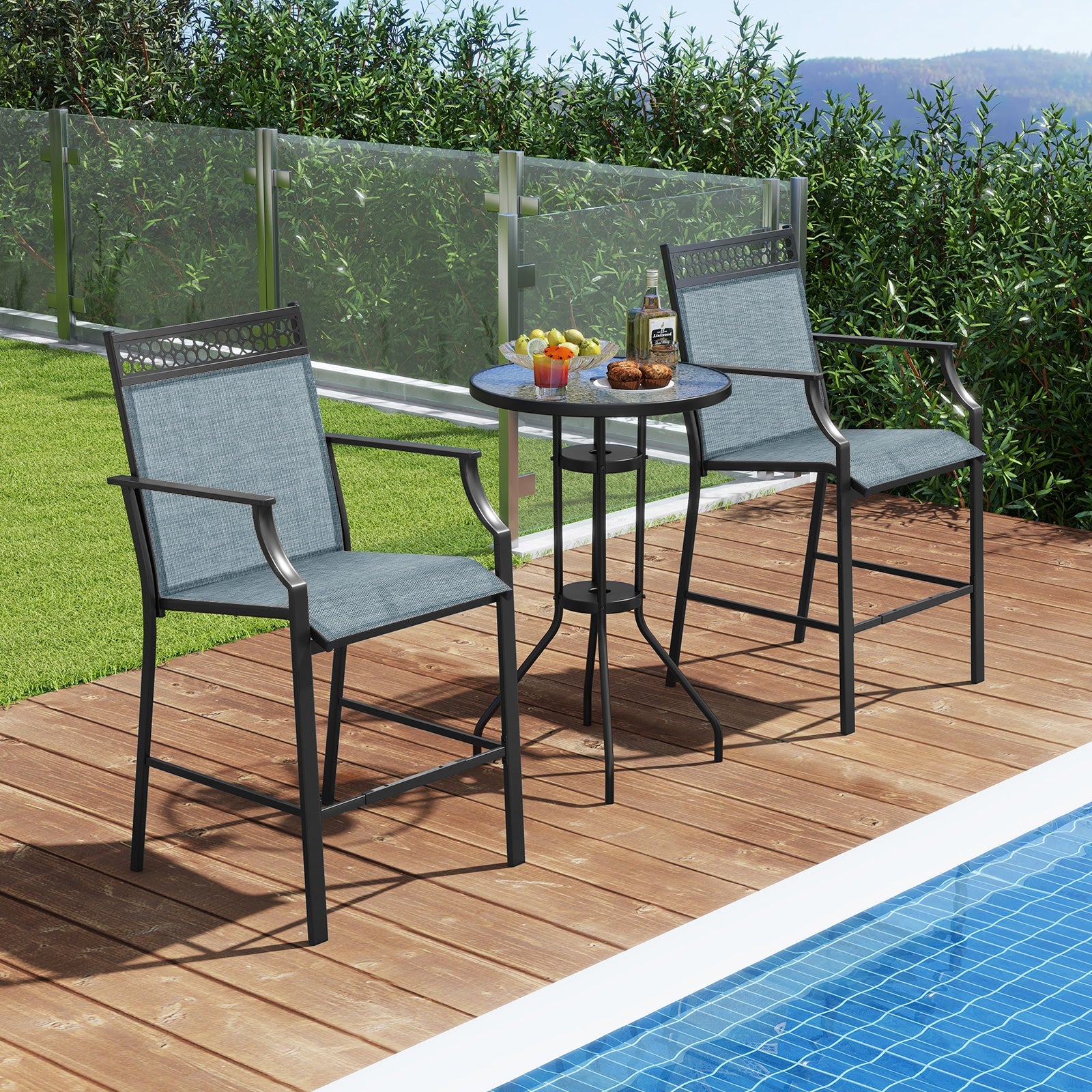 Outdoor Counter Stools Set of 2 Heavy-Duty Barstools with Footrest and Armrests-Blue