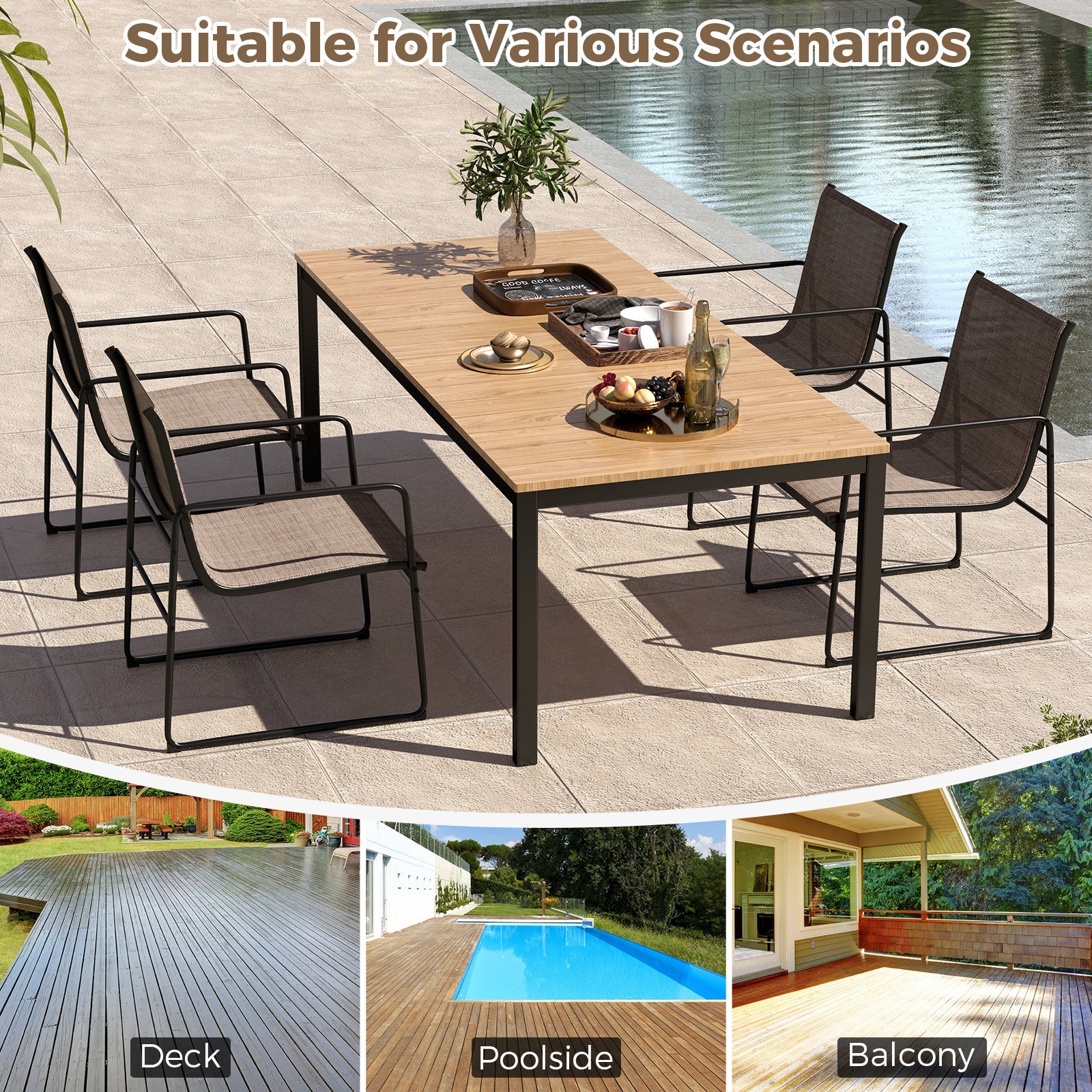 Outdoor Dining Chairs Set of 4 Patio Furniture Chair with Breathable Seat and Backrest-Brown