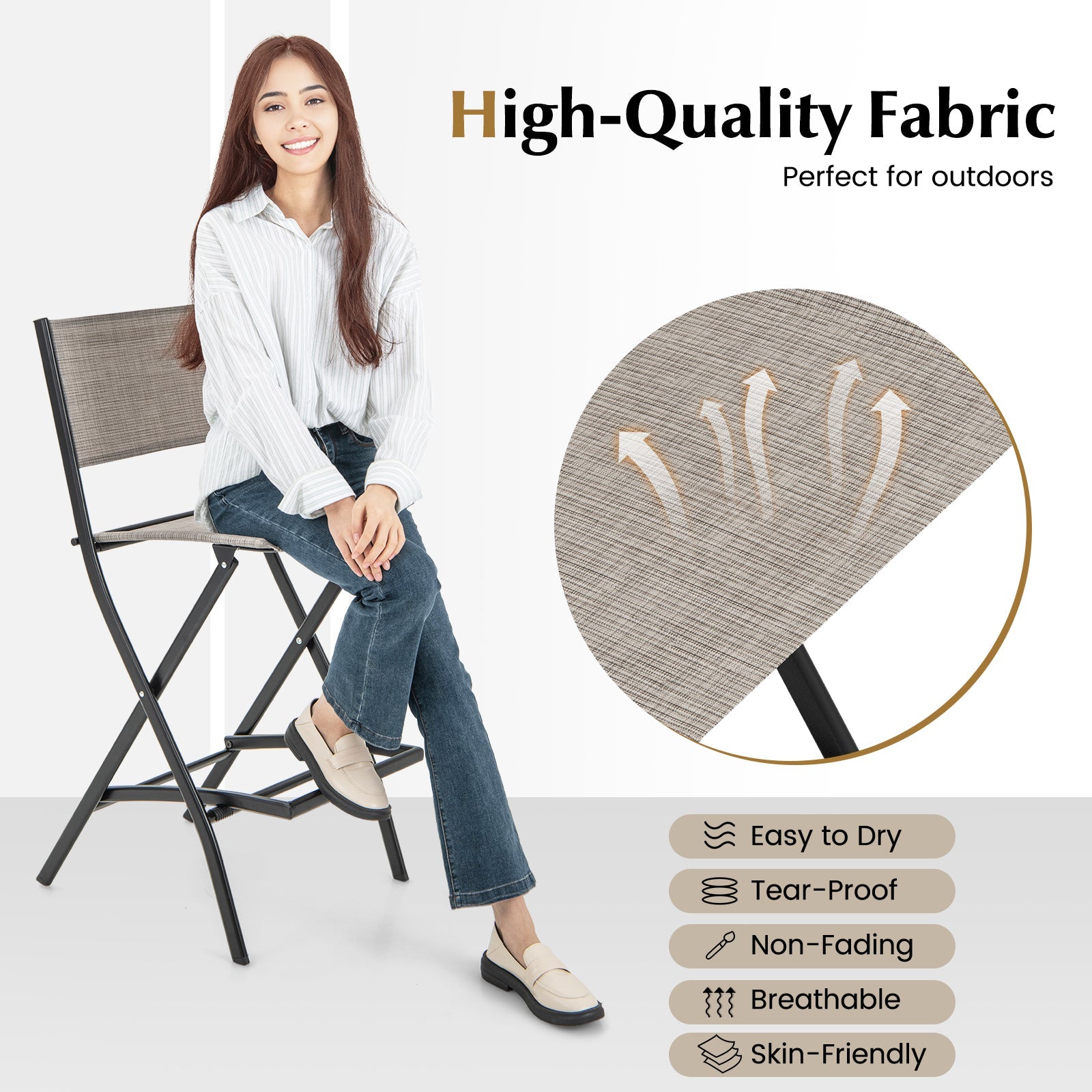 Outdoor Folding Bar Height Stool Set of 4 with Metal Frame and Footrest-Coffee