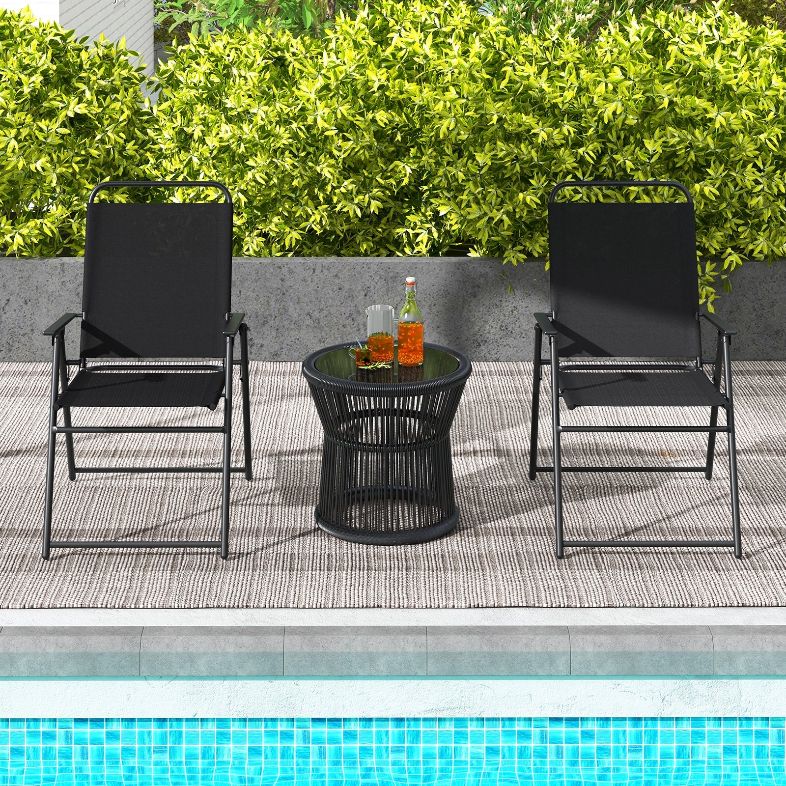 Outdoor Folding Sling Chairs Set of 4 with Armrest and Backrest-Black