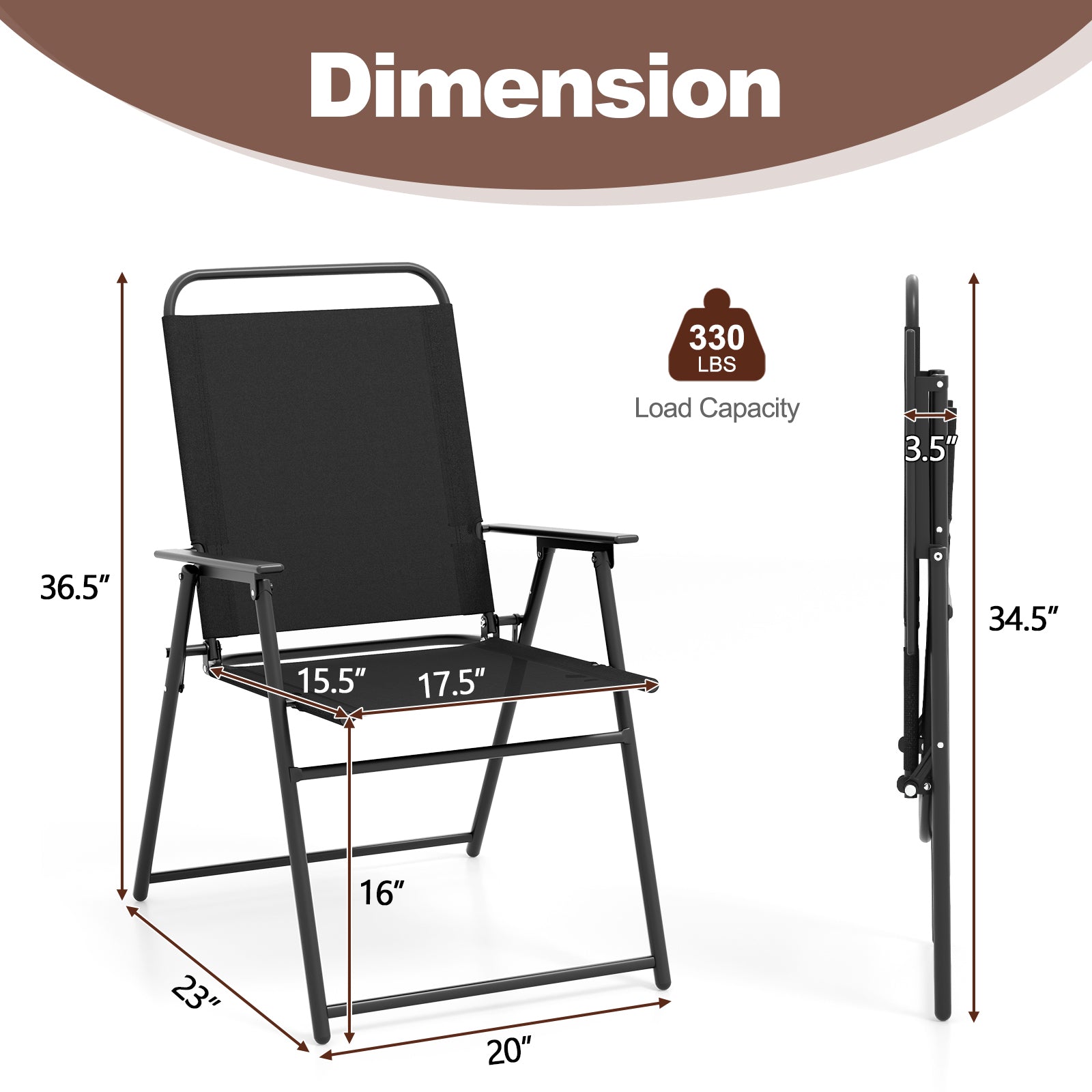 Outdoor Folding Sling Chairs Set of 4 with Armrest and Backrest-Black