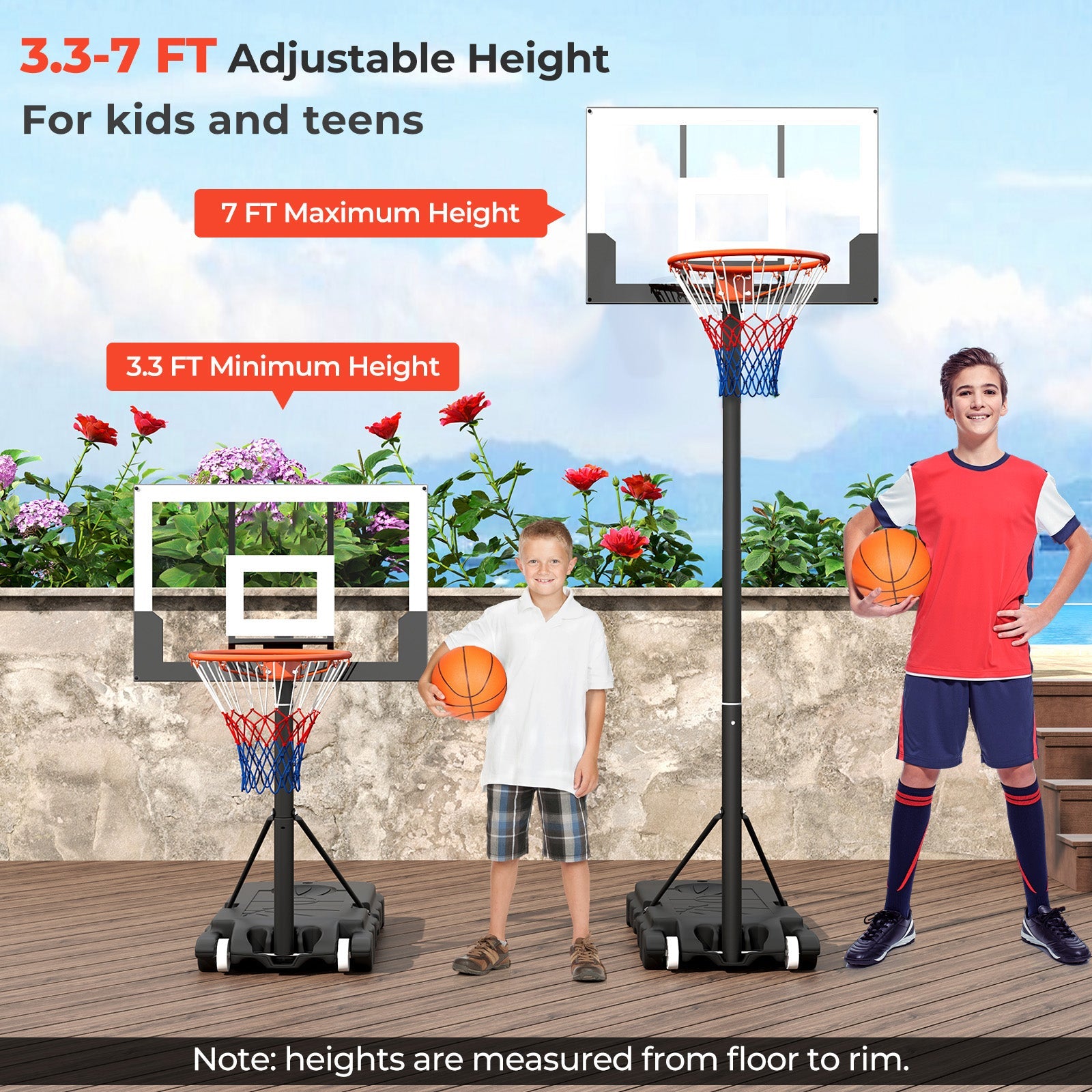 3.3-7 Feet Portable Adjustable Outdoor Kids Basketball Hoop Goal System-White
