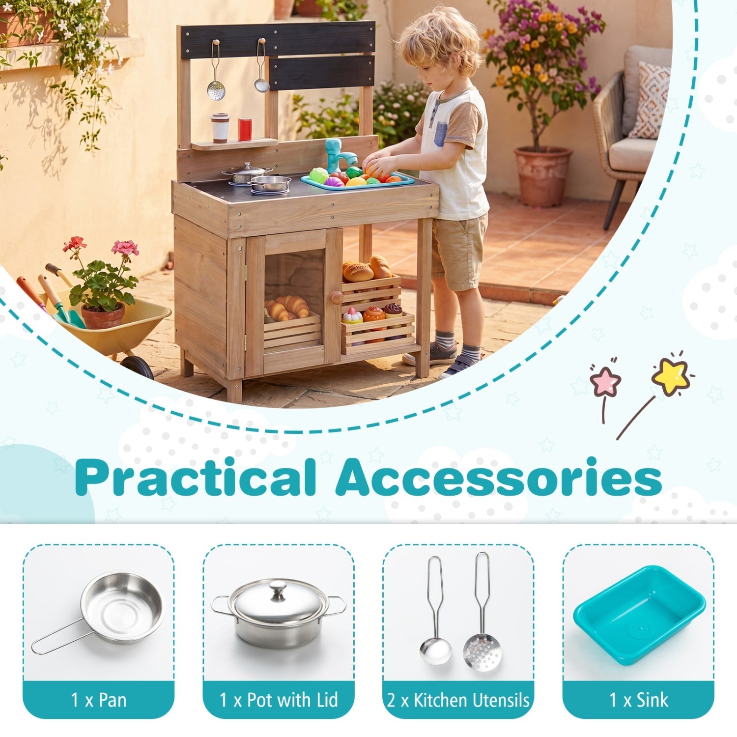 Wooden Play Kitchen with Stove, Storage & Water System