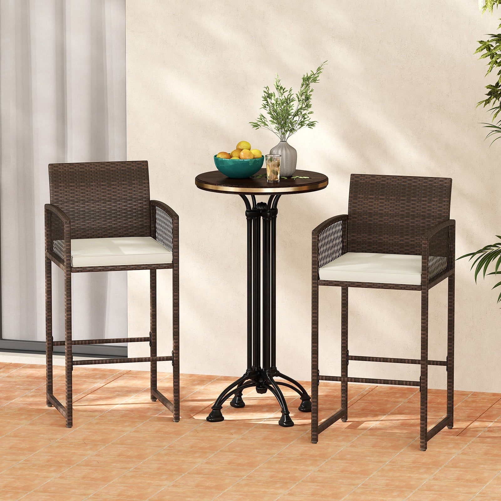 Outdoor PE Wicker Bar Stools Set of 2 Patio Bar Height Chairs with Cushions-White
