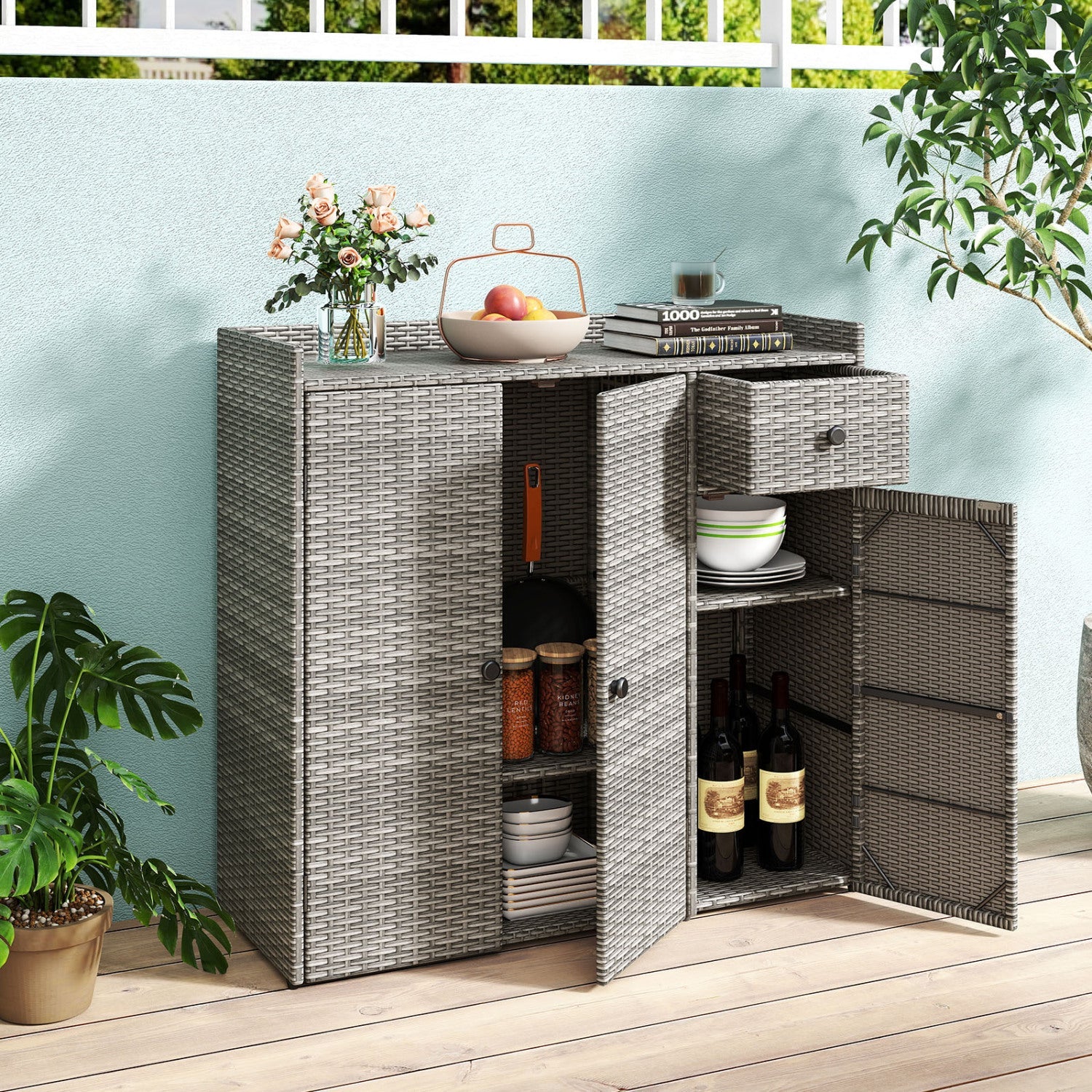 Outdoor Storage Cabinet with 3 Doors and Adjustable Shelves